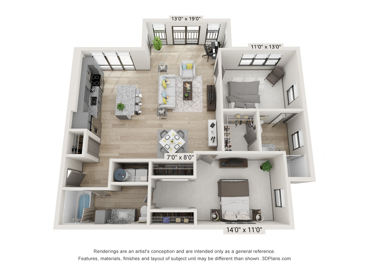 Floor plan for 2 beds, 2 baths, 1202 sqft